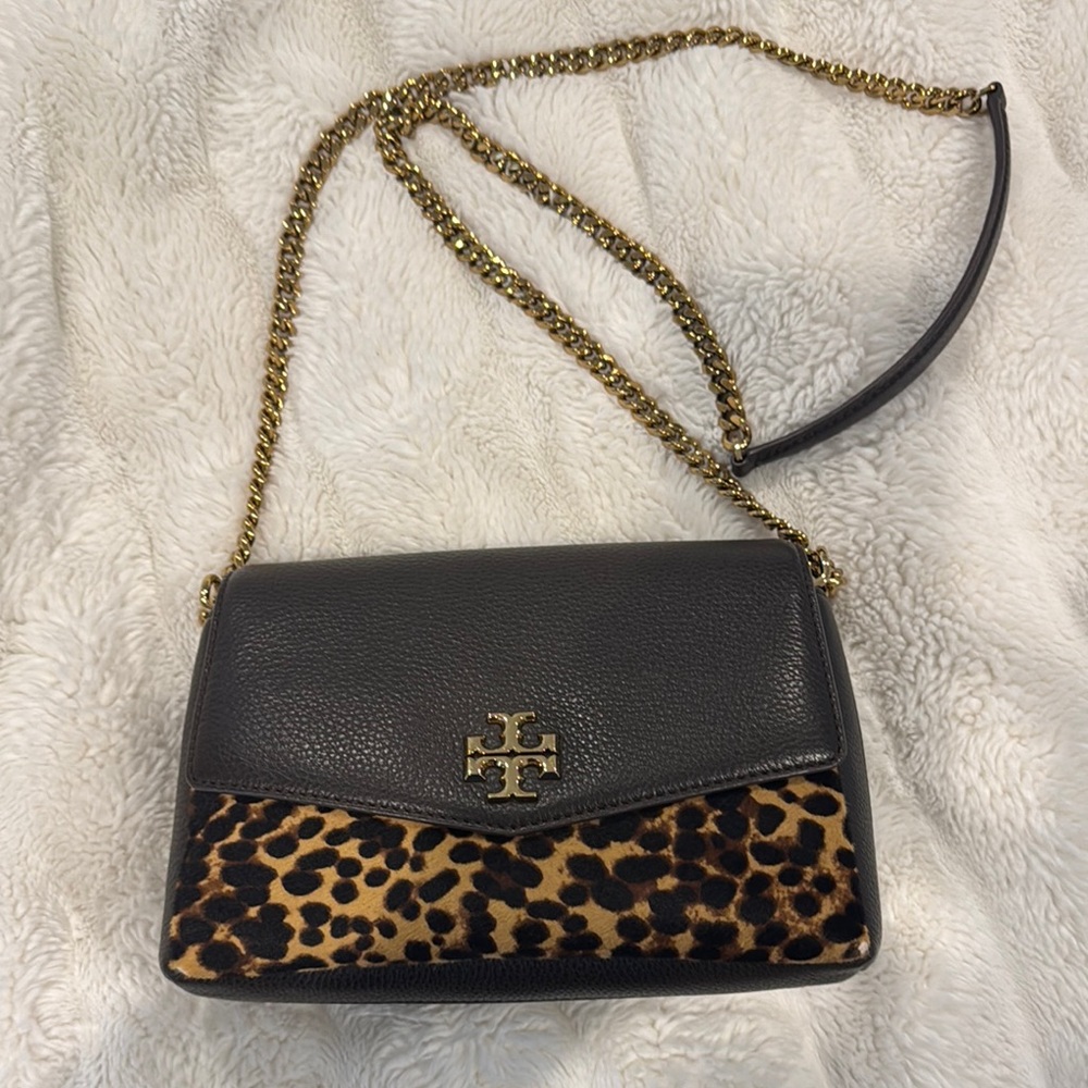 Tory Burch Black Leather Crossbody with Leopard Haircalf Panel & Gold Chain